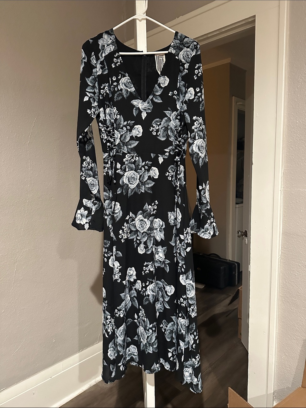 Free People Black and Blue Floral Long Sleeve Dress